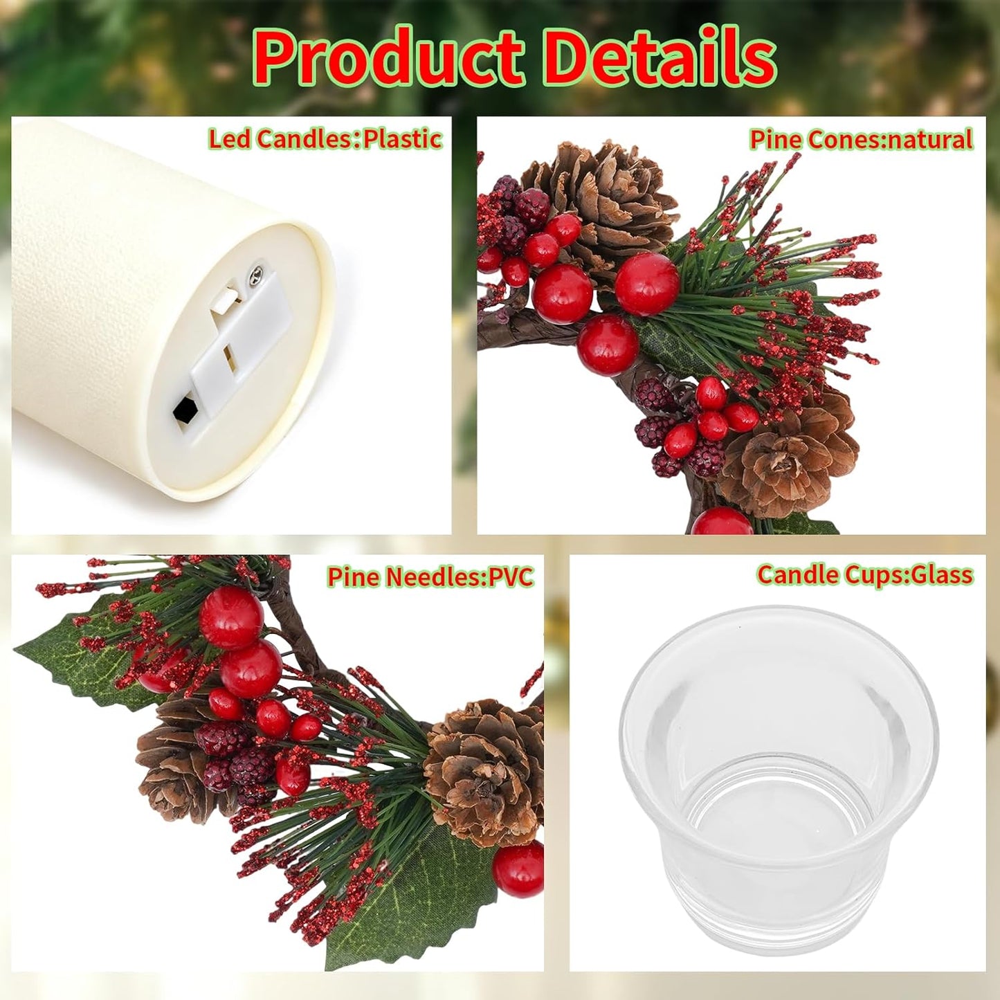 Regine Switzerland Candle Rings Set of 4 - Festive Wreaths with Red Berries & Pinecones for Holiday Decor