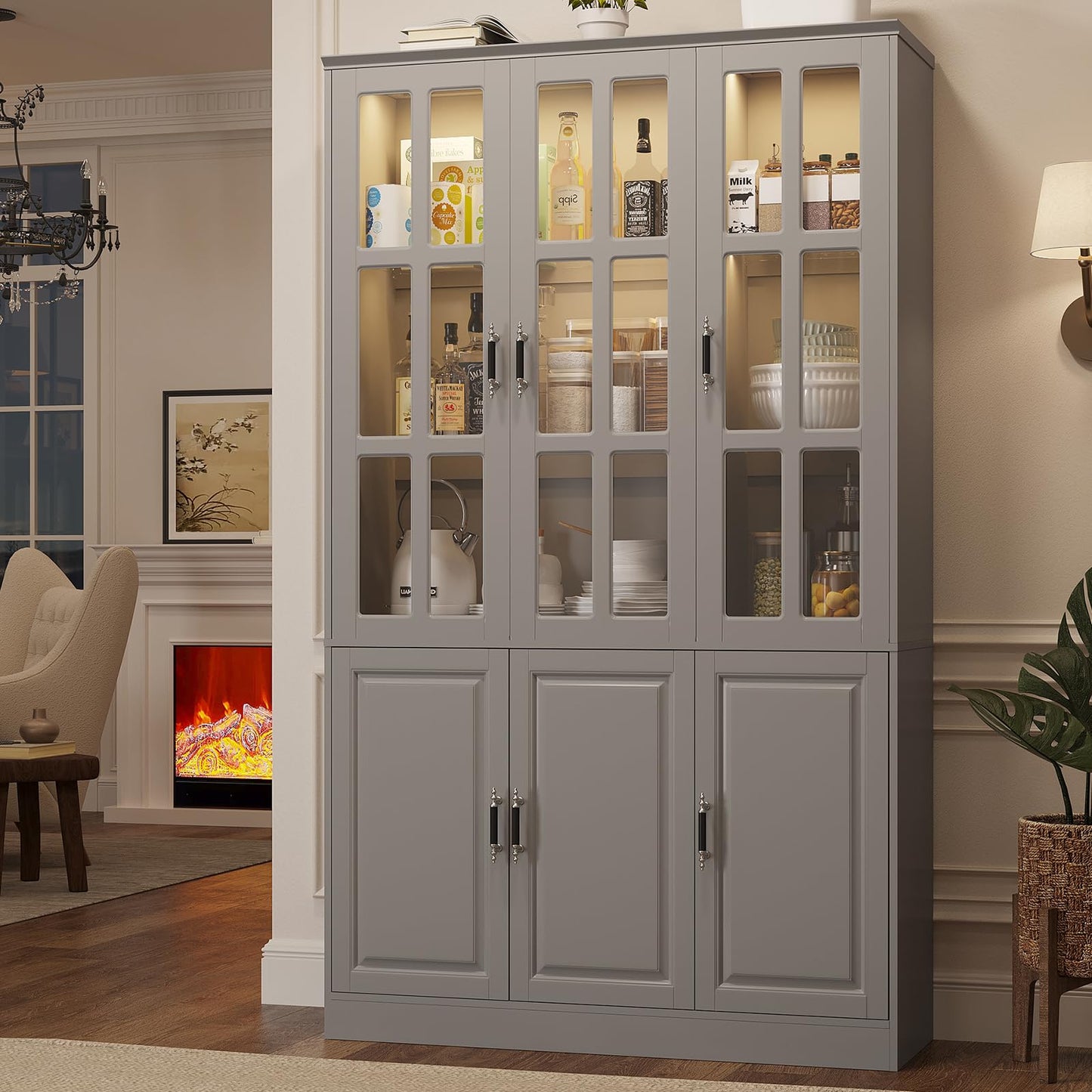 MEISSALIVVE 78.7" Tall Pantry Cabinet with LED Lights, Freestanding Kitchen Pantry with Glass Doors, Large Food Storage Cabinet, Grey (47.2" W x 15.7" D)