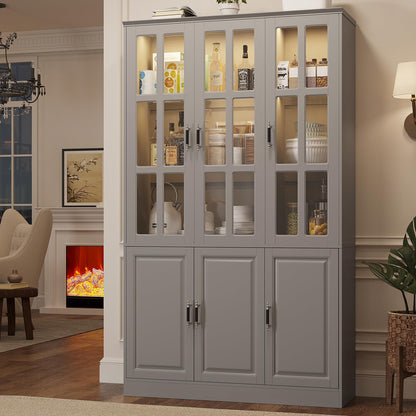 MEISSALIVVE 78.7" Tall Pantry Cabinet with LED Lights, Freestanding Kitchen Pantry with Glass Doors, Large Food Storage Cabinet, Grey (47.2" W x 15.7" D)
