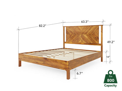 Bme Vivian 14 Inch Deluxe Bed Frame with Headboard, Rustic & Scandinavian Style with Solid Acacia Wood, No Box Spring Needed, 12 Strong Wood Slat Support, Easy Assembly, Queen, Rustic Golden Brown