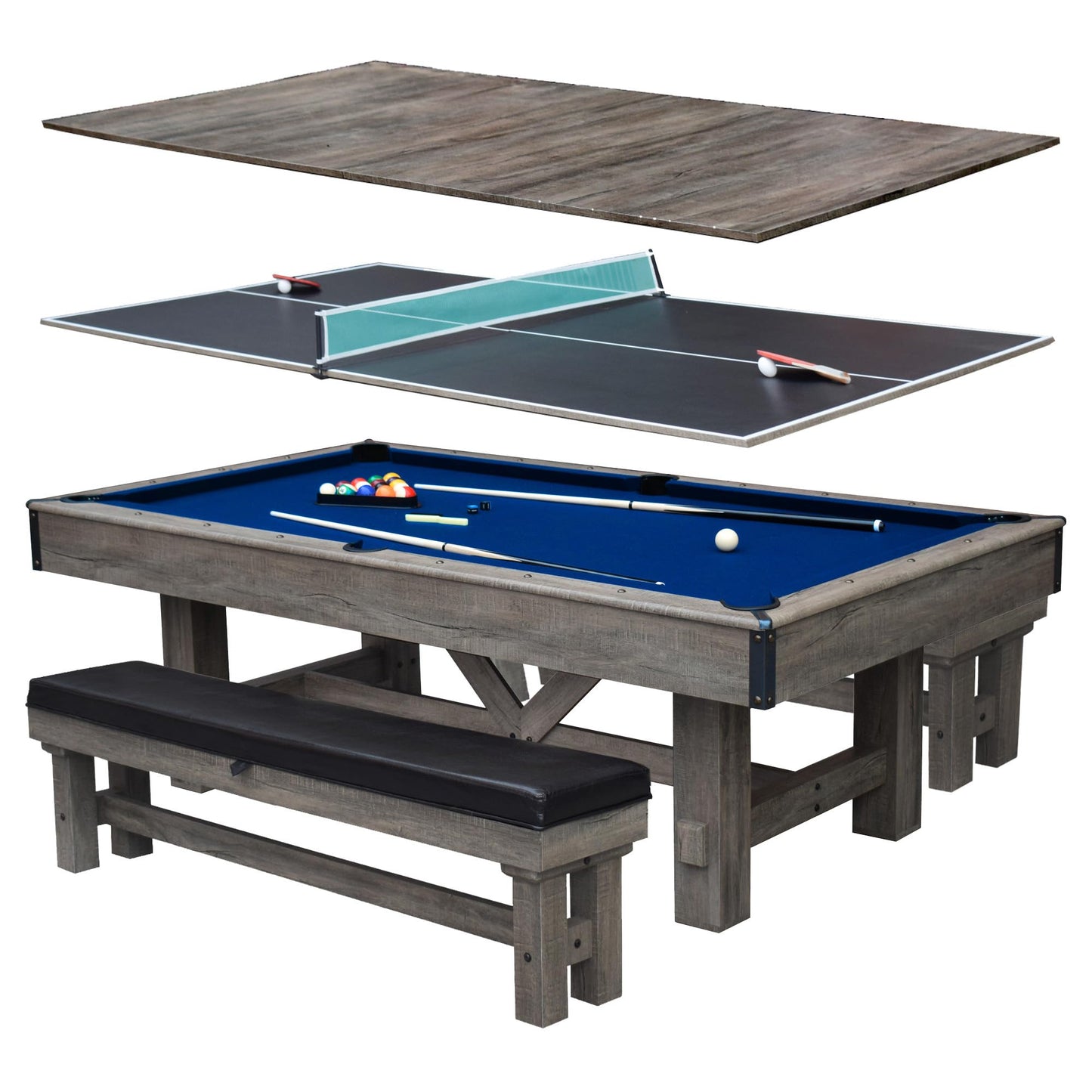 Hathaway Logan 7 Foot Pool Table Combo with Benches – Billiard Table with Ping Pong and Dining Tops – Comes with Complete Game Accessories and Built-In Storage - Rustic Gray Barnwood Finish, Blue Felt