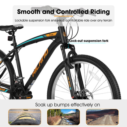 HH HILAND Mens and Womens Mountain Bike, 26 Inch 18 Speed Mountain Bicycle with Dual Disc Brake, Front Suspension Fork, High Carbon Steel Frame Urban Commuter Bike for Adults, Black Orange