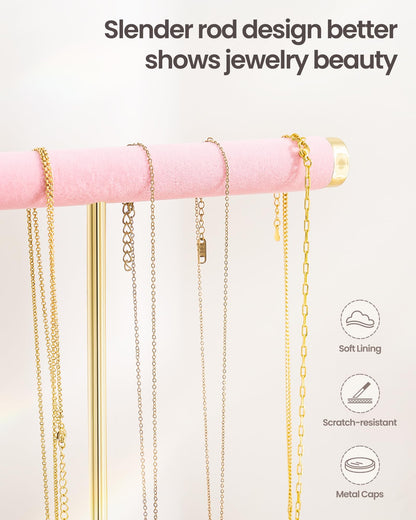 Lolalet 2-Tier Necklace Holder Display, Velvet Wrapped Jewelry Organizer with Removable Ring Tray, Tall Bracelet Stand for Bangles Watches Earrings, Gifts for Mom Girls Women Mother's Day -Pink
