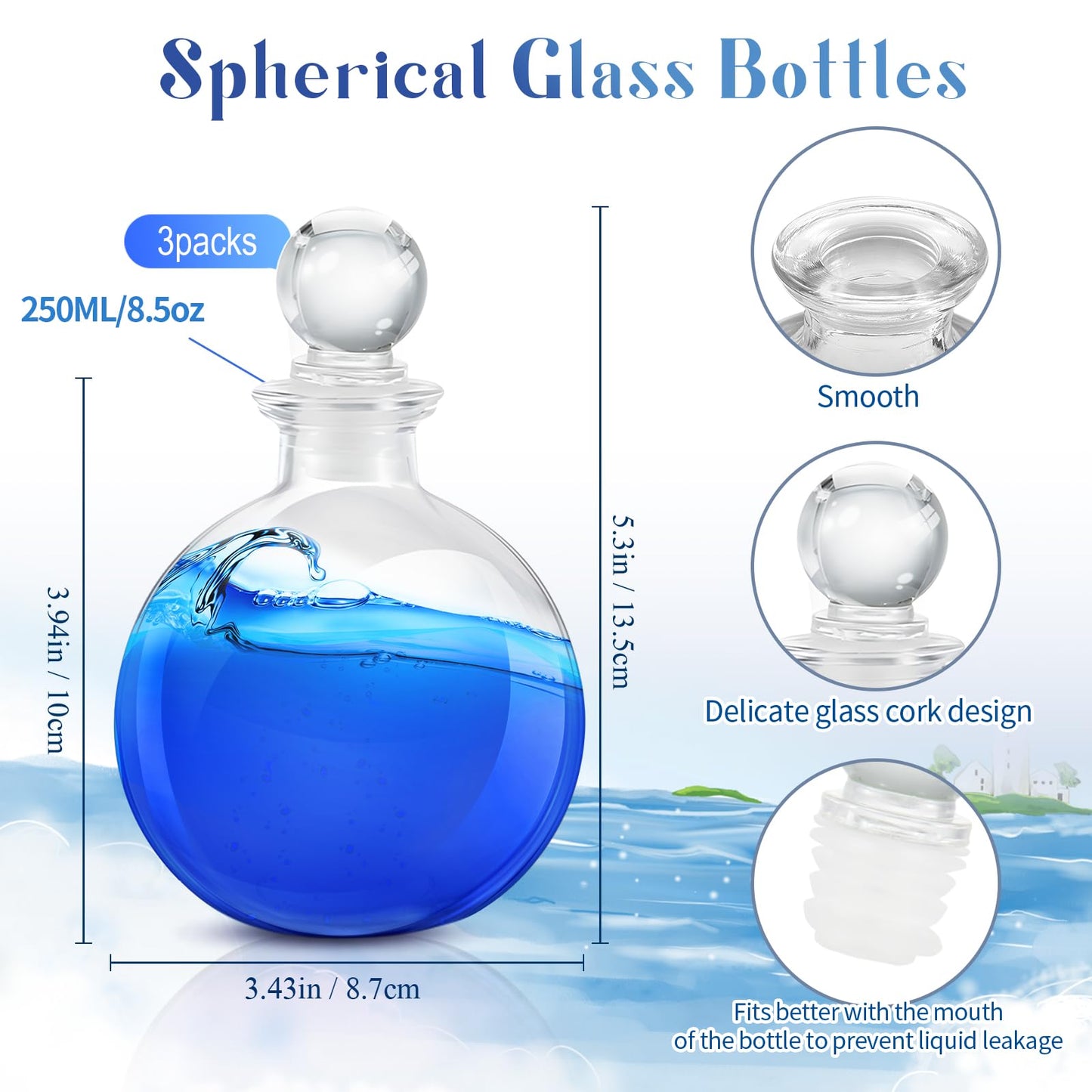 Tessco for you 3 Pcs Round Glass Bottles 8.5 oz Potion Bottles Clear Spherical Decorative Jars for Liquor Candy Potpourri Halloween Christmas Decoration DIY Art Crafts Gift(Stylish)