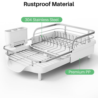 SNTD Dish Drying Rack, Expandable Dish Rack for Kitchen Counter, Stainless Steel Dish Drainer with Drainboard Set and Utensil Holder (White)