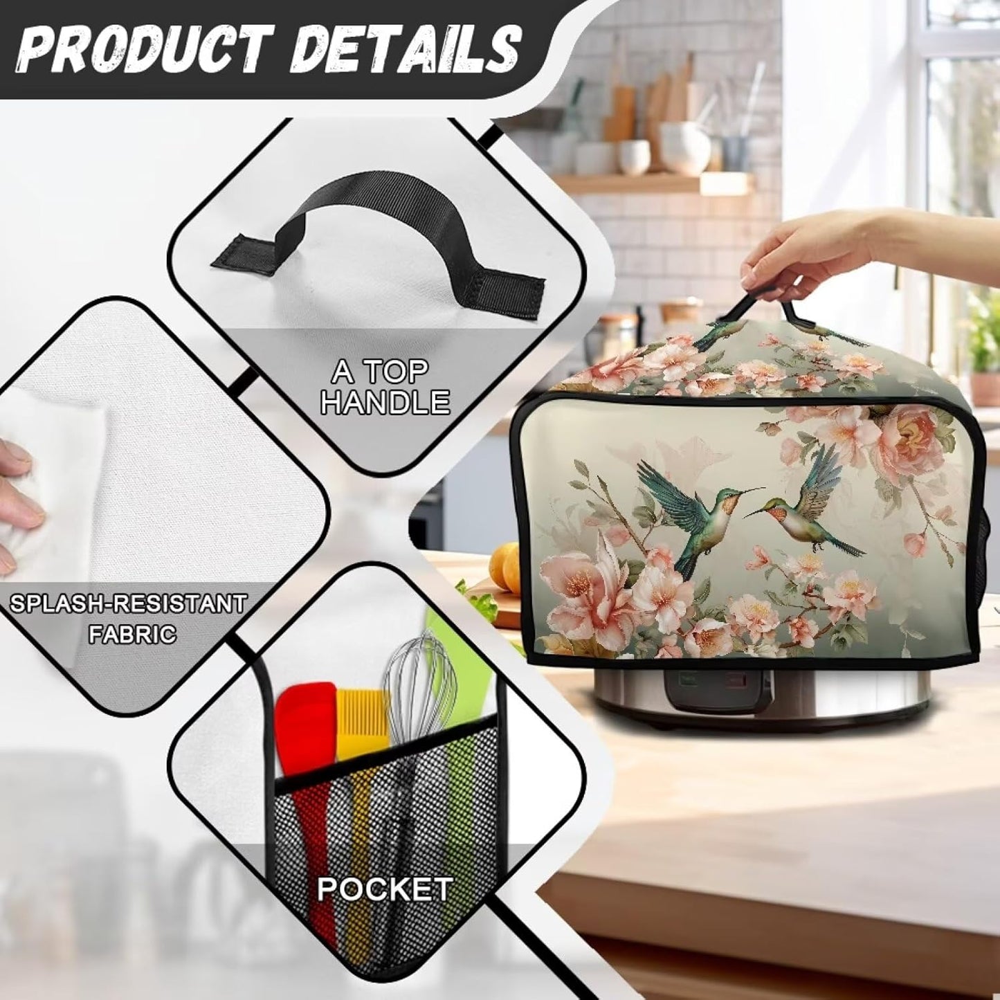 Floral Hummingbird Slow Cooker Dust Cover, Novelty Air Fryer Cover Compatible with Most Kitchen Appliances, Washable