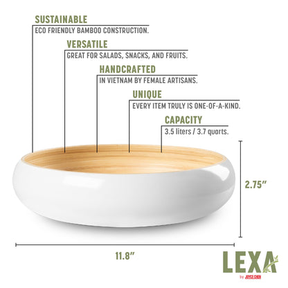 LEXA 12" Handmade White Bamboo Wooden Fruit Bowl for Kitchen Counter - 130 oz Lightweight Large Bamboo Wood Salad Bowl
