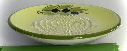 BonCera, All-in-one Premium Ceramic Garlic Grater Plate 4-Piece Set - Yellow Olive Design, Classic Style - For Garlic, Ginger, Chocolate, and more! - Comes with 5.25" Plate, Peeler, Brush, and Stand