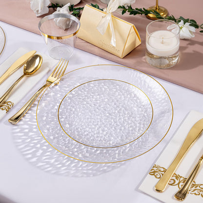 DaYammi 100 Pcs Clear Gold Plastic Plates, Hammered Party Plate, Fancy Plastic Plates Disposable Clear Disposable Dessert Platos, 7 Inch Heavy duty Plastic Dessert Platos for Party & Wedding