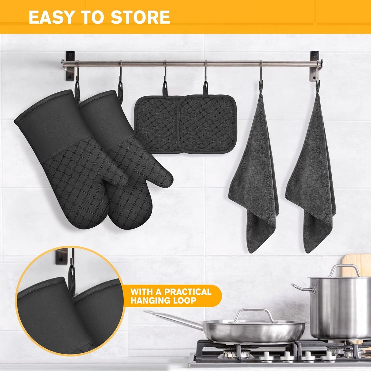 IXO 6Pcs Oven Mitts and Pot Holders, 500? Heat Resistant with Soft Cotton Lining and Non-Slip Silicone Surface