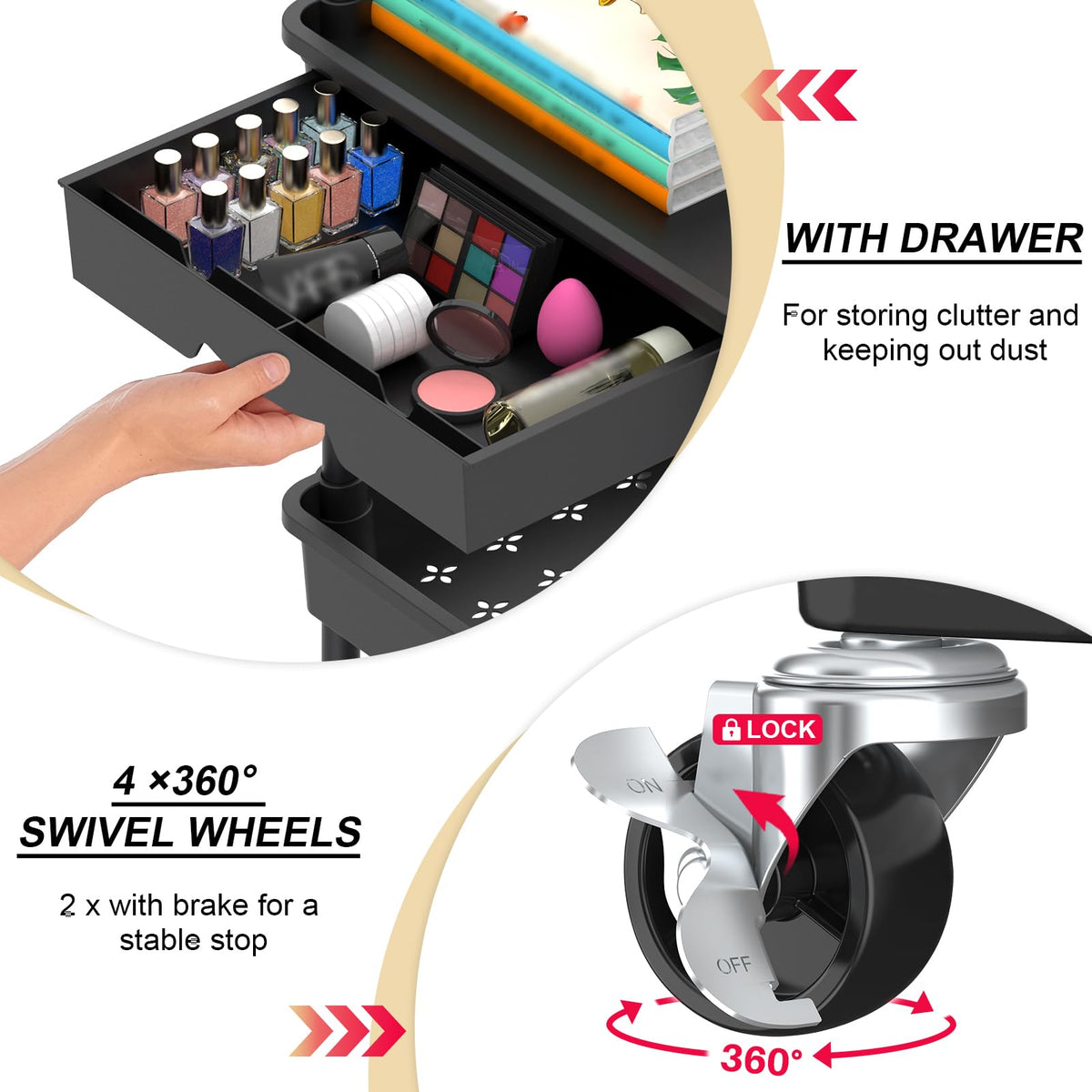 Goovilla 3 Tier Rolling Utility Cart Organizer with Removable Drawer, Stable and Sturdy Black Rolling Storage Carts with 2 Lockable Wheels for Bathroom, Kitchen, Snack, Craft, Makeup, Baby Essentials