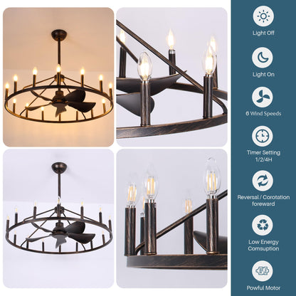 COCOSTAR 44" Antique Bronze Wagon Wheel Chandelier Farmhouse Ceiling Fan with Light and Remote,16-Lights Large Fandelier with Candle,Rustic Big Light Fixture for Living Room Kichen Dining Room