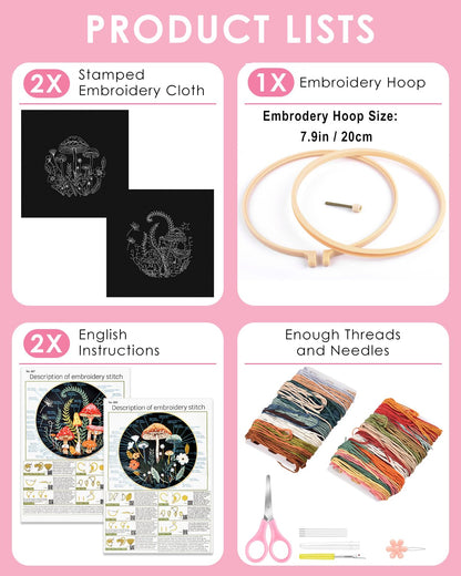 TINDTOP 2 Pack Embroidery Kit for Adult Beginners, Embroidery DIY Starter Kit, with Mushroom Stamped Patterns, Hoop, Tools, Colorful Threads with Needles, Instructions