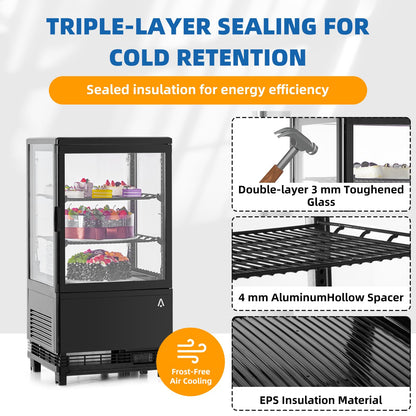 2.1 Cu.Ft. Commercial Bakery Display Refrigerator, Countertop Refrigerated Case, Display Fridge, Single Door, Merchandiser Beverage Cooler, 3 Layers, LED, Adjustable Shelves, Restaurants, Bars, Shops