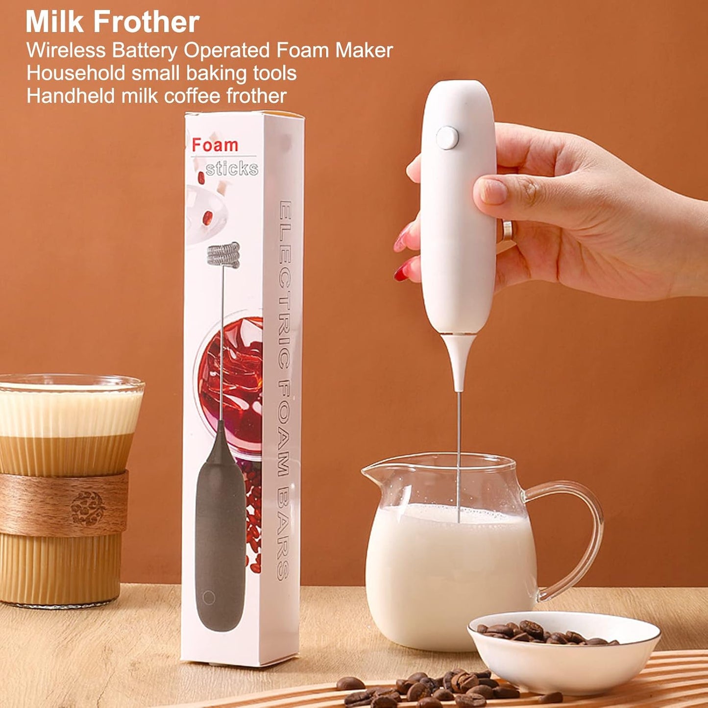 Handheld Battery Operated Milk Frother, Electric Foam Maker, Egg Beater for Coffee, Latte, Hot Chocolate, Mini Drink