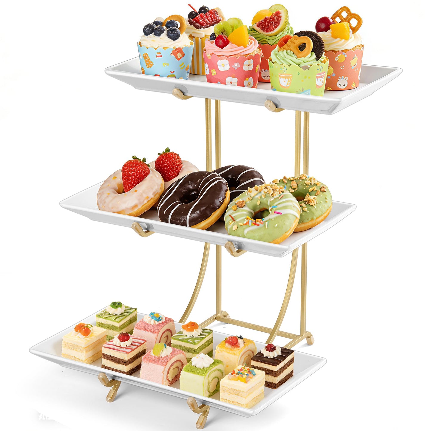 Yedio 3 Tier Serving Tray Set – 12 Inch Porcelain Serving Platters with Pre-Assembled Gold Metal Stand, No Installation Required, Tiered Tray for Dessert Fruit Food Display and Party Entertaining