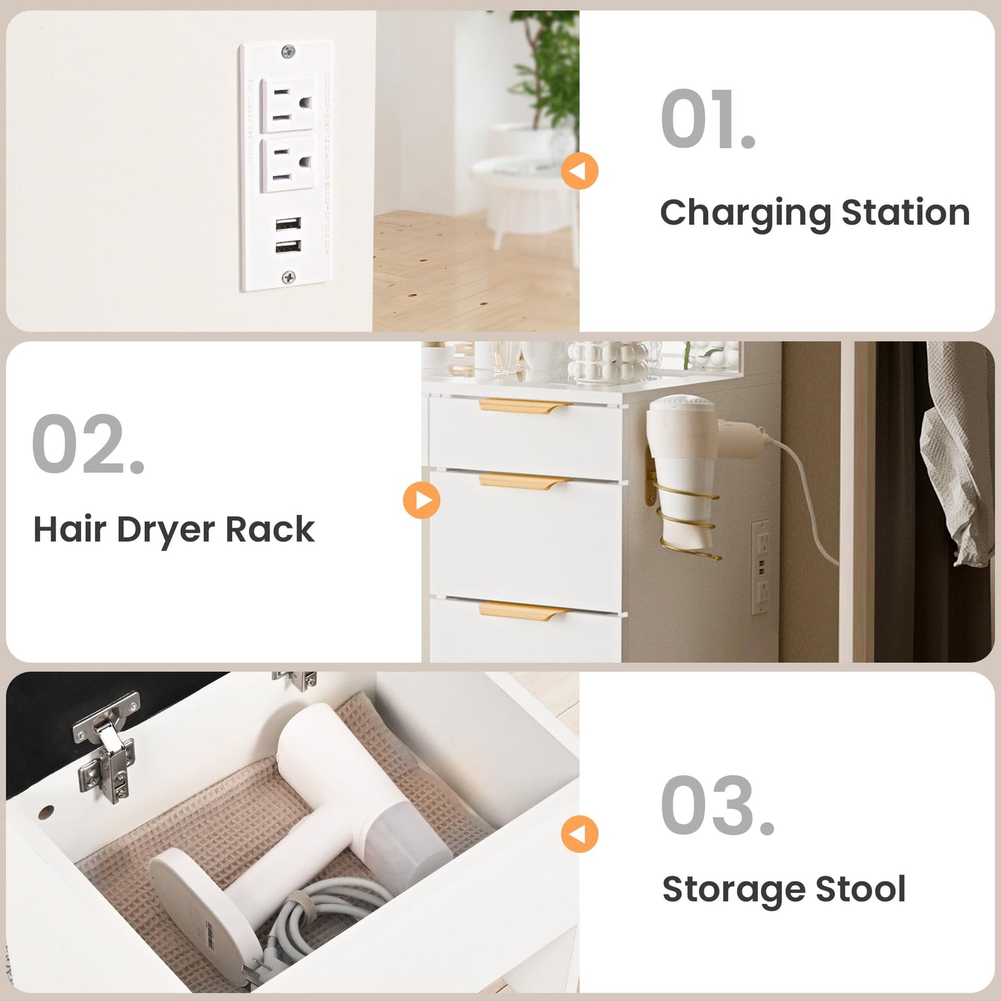 Fkhouse Glass Top Vanity Desk with Mirror and Lights, 11 Drawers Makeup Vanity with Stool, 3 Lighting Modes Dressing Table with Power Outlet, Golden Handles, White