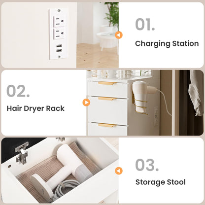 Fkhouse Glass Top Vanity Desk with Mirror and Lights, 11 Drawers Makeup Vanity with Stool, 3 Lighting Modes Dressing Table with Power Outlet, Golden Handles, White