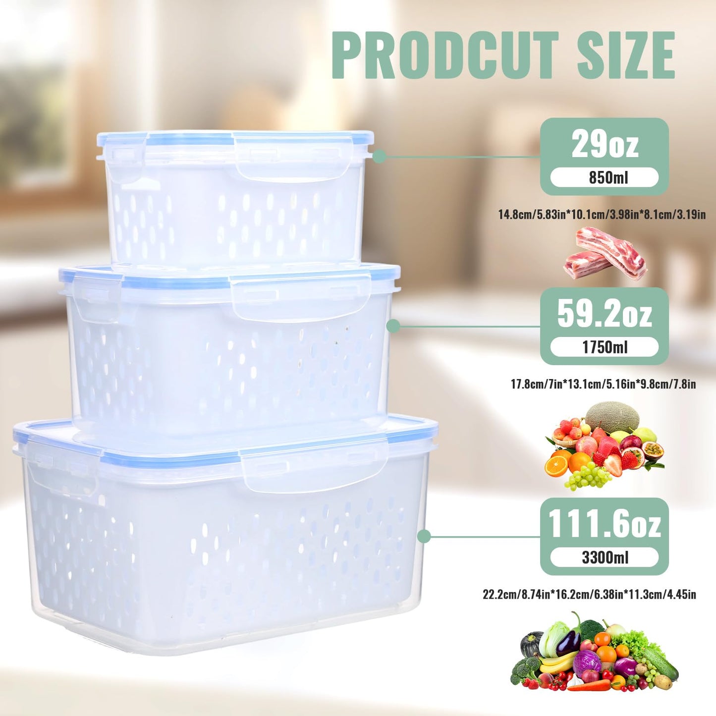Zmxiabo 3 PCS Fruit Storage Containers for Fridge Food Berry Storage Container Set with Removable Strainer Lid Berries Container for Fridge BPA-Free Plastic Crisper for Long-Term Freshness