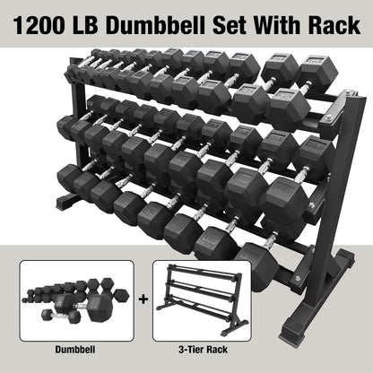 5–75 lbs Dumbbells Weight Set (15 Pairs) with Weight Storage Rack, 1200 lbs Hex Dumbbell Sets, Gyms Weights Dumbbells Sets with 3-Tier Rack, Weight Set for Home Gym, Strength Training