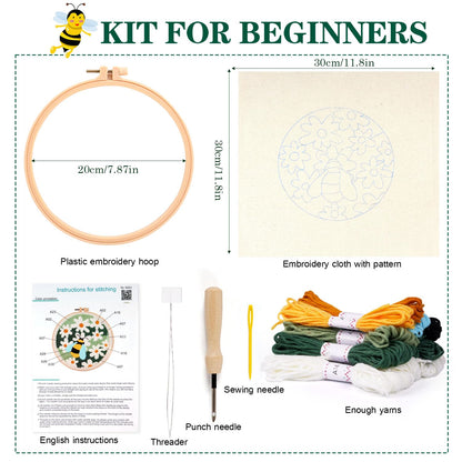 KESTAR Punch Needle Embroidery Starter Kits, Bee and Daisy Flower Punch Needle Kits for Adults Beginner, Needle Punch Kit Tool with Instruction Threader Fabric Yarns and Hoop