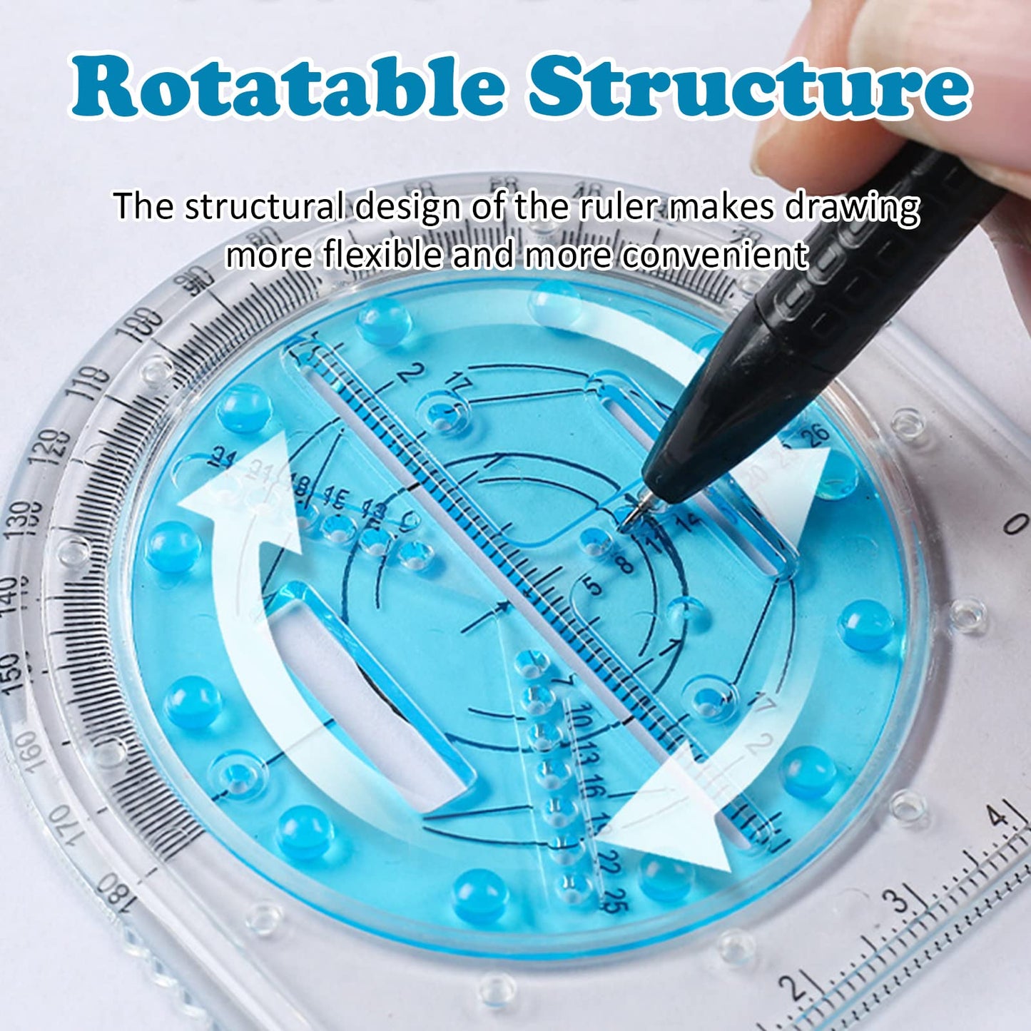 4 Pack Multifunctional Geometric Ruler, Mathematics Measuring Tool Draft Rulers Set, Rotatable Circular Drawing Template Ruler for Student Studying Designing Office Supplies (4 Styles)