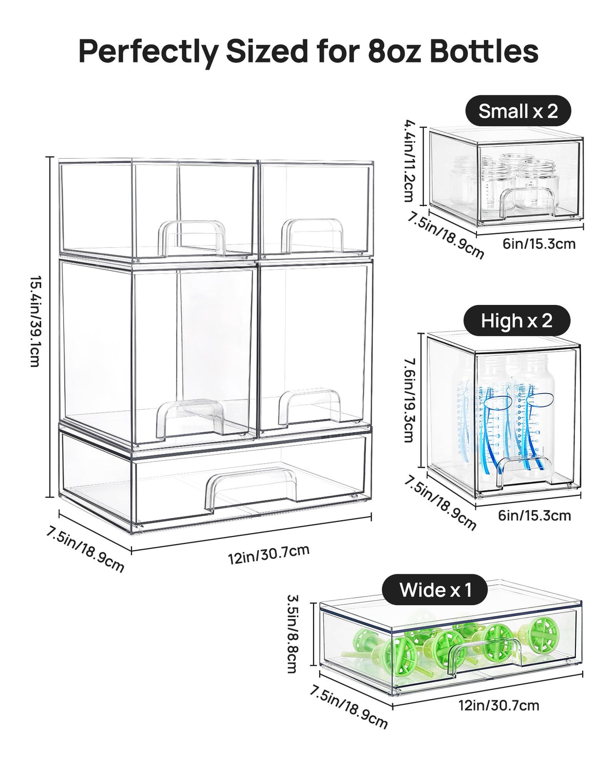 Vtopmart Stackable Storage Drawers Set of 5, Clear Plastic Organizer Bins for Baby Bottle, Beauty Supplies Storage, Ideal for Kichen Countertop, Vanity, Bathroom, Cabinet, Pantry Organization