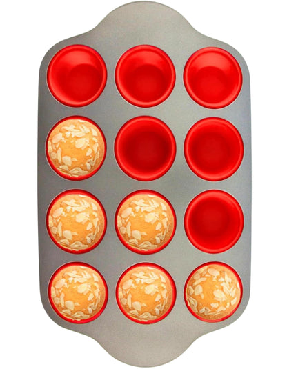 Boxiki Kitchen Non-Stick 12 Cup Silicone Muffin Pan with Steel Frame - BPA Free, Non-Toxic, Anti-Warp, Durable & Easy to Pop Silicone Muffin Tin - Perfect Cupcake Pan