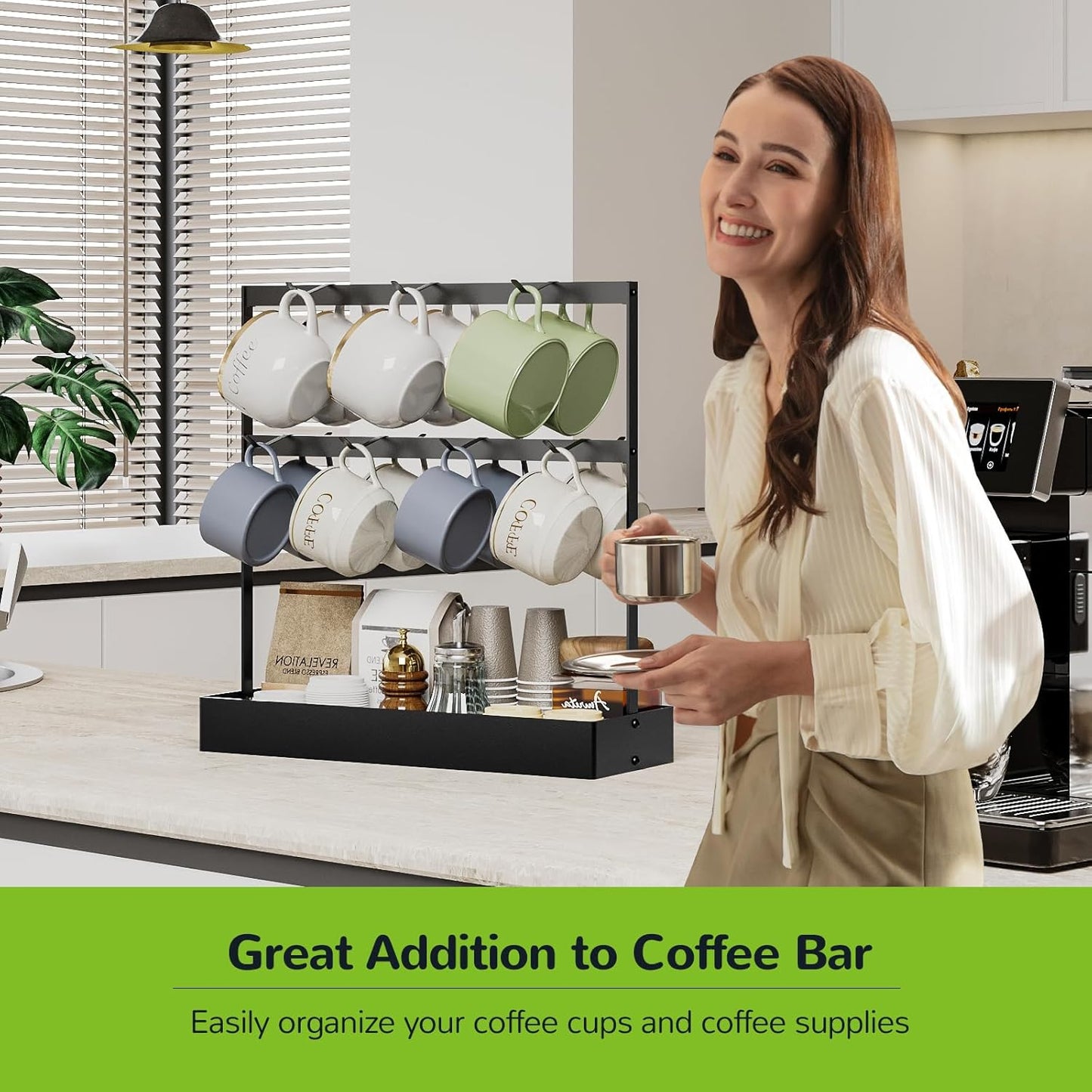 Coffee Mug Holder with Hooks, 14 Capacity 2 Tier Mug Tree Holder Rack for Countertop, Storage Base for Coffee Pods