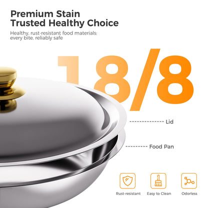 CAMMOO Gold 4 Pack Chafing Dishes for Buffet, 18/8 (304) Stainless Steel Food Pan with Lid, 6QT Round Chafing Dish Buffet Set Food Warmer, Food Warmers for Parties Buffet Catering Events Dinners