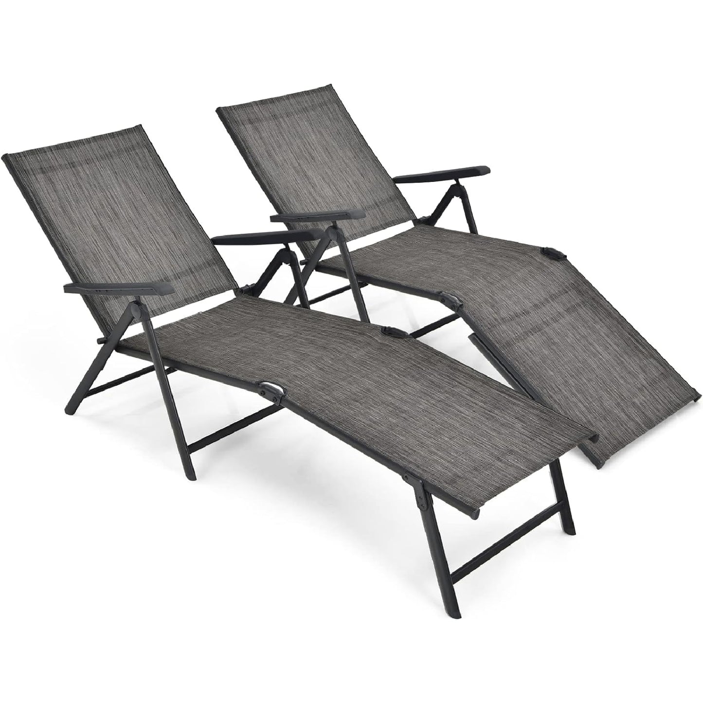 Multigot Folding Sun Lounger Set of 2, 5-Positions Adjustable Reclining Chaise Lounge Chair with 2-Level Footrest & Armrests, Steel Frame Outdoor Sunbed Deck Chair for Poolside Beach Camping (Gray)