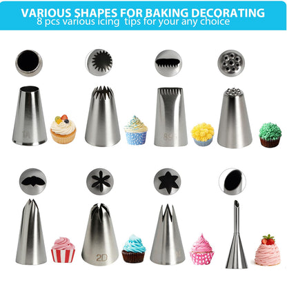 Reusable Cotton Piping Bags and Tips Set -Two 16inch Pastry Bags with 8pcs Large Stainless Icing Tips for Cake Decorating, Cupcakes, Cookies. Baking Kit for Home Bakers & Chefs
