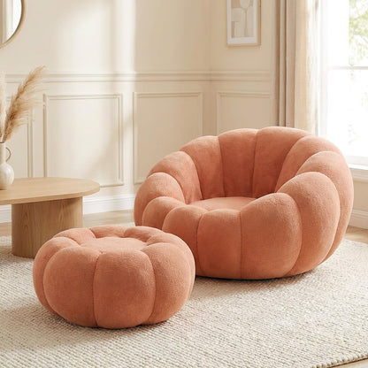 Premium Cloud Velvet Bean Bag Chair Set | 43.3" Ergonomic Pumpkin Lounger & Ottoman for Adults, Thick High-Resilience Foam, No Assembly, Compact for Living Room & Bedroom