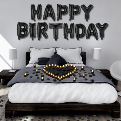 Charnoel Black Happy Birthday Balloons Decorations Happy Birthday Letter Balloons Banner Set with 24pcs Round Flameless LED Candles and 2000pcs Artificial Rose Petals for Women Men Room Party Decor
