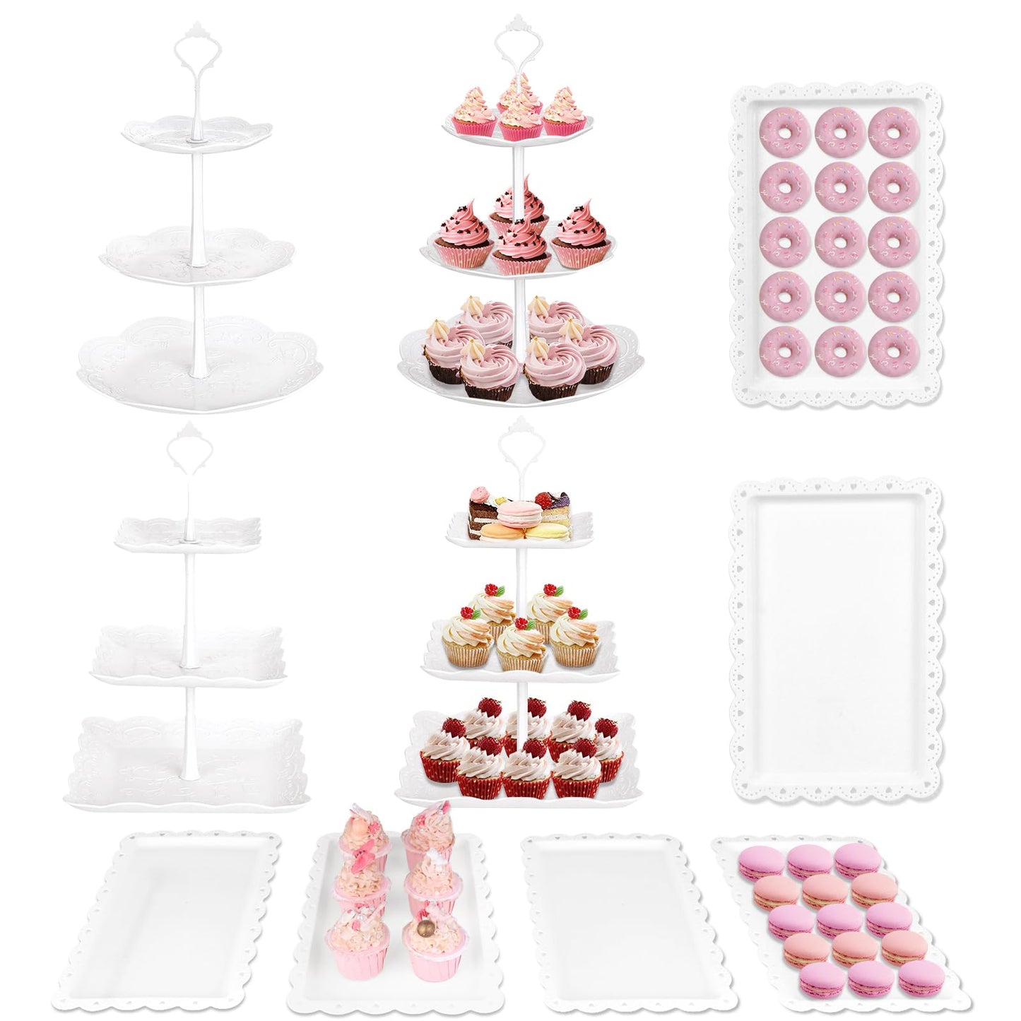 Mwellewm 10Pcs Cupcake Stand,Dessert Table Display Set, 4 White 3 Tired Cake Stand 6 Plastic Serving Trays for Party Cookie Rack Desert Tower Holder for Wedding Decor Baby Shower Tea Party Decorations