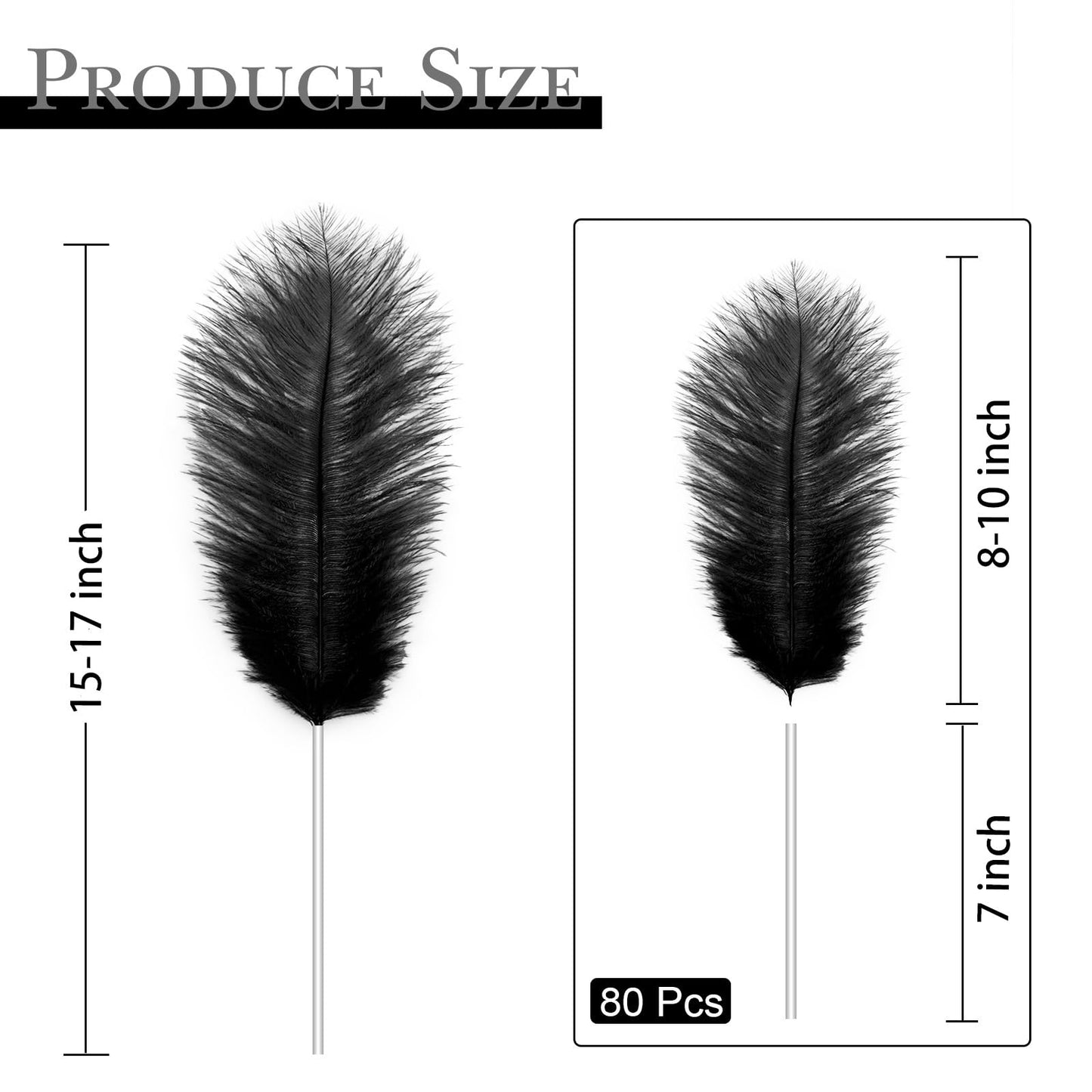 80pcs 15-17 inches (38-43 cm) Natural Bulk Ostrich Feathers Kit. Kits Contain 8-10 inches of Feathers and 7 inches of White Feather Sticks.for Various DIY Projects. (Black, 8-10-Inch)