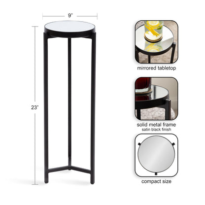 Kate and Laurel Aguilar Modern Mirrored Round Drink Table, 9 x 9 x 23, Black, Metal Accent Table with Mirrored Tabletop and for Use as Small Plant Stand