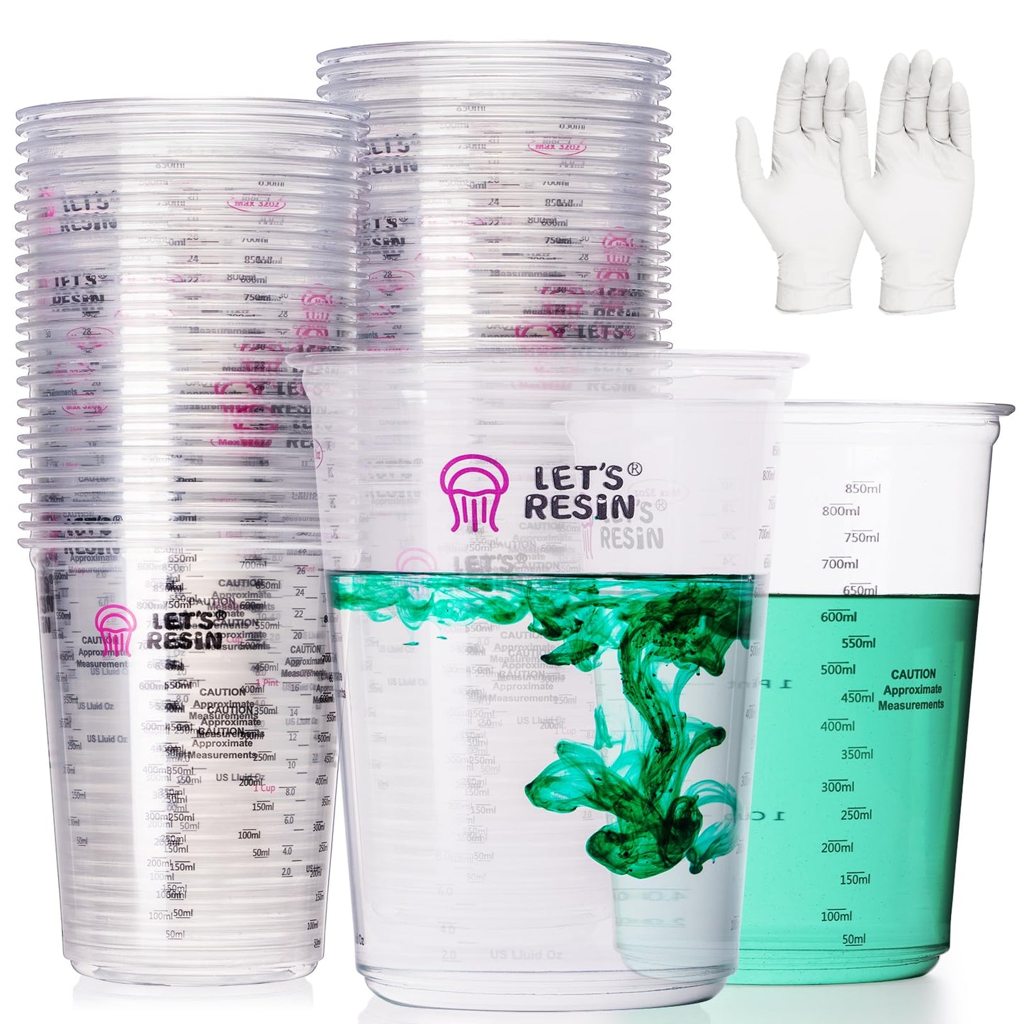 LET'S RESIN Resin Mixing Cups, 45pcs 32oz(1000ml) 2 Scales Accurate Paint Mixing Cup with Protective Gloves, Sturdy & Thick Disposable Measuring Cups for Paint, Pigments, Art, Auto Resin Mixer