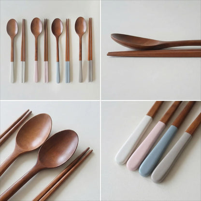 Handmade Wooden Cutlery Set by Diulazin - 4PCS Reusable Spoon and Chopsticks, High-Grade for Daily Use, Parties, Banquets, Buffets, Catering - Eco-Friendly, 9 Inch, Style A