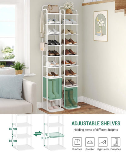 Hzuaneri 10 Tiers Vertical Shoe Rack, Narrow Shoe Tower, Tall Shoes Shelf with 2 Hooks, Adjustable Shelves, Corner Shoes Shelves for Small Spaces, Entryway, Living Room, White SR11213W