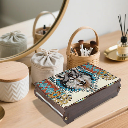 JZHYOAN Diamond Painting Wooden Storage Box, DIY Special Shaped Diamond Art Decorative Organizer with Wolf Head Pattern, Handmade Art Desktop Decorations Birthday Gifts for Home Office Adult