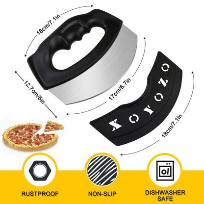 XoYoZo Pizza Cutter Salad Chopper Large Stainless Steel Blade with Cover, Dough Rocker Mezzaluna Knife for Kitchen Gadgets
