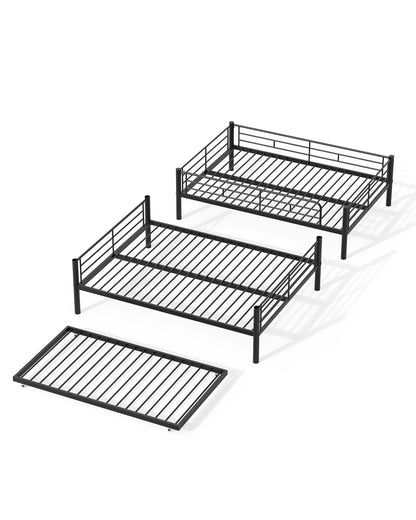 Mixcous Full XL Over Queen Bunk Bed with Trundle, Heavy-Duty Metal Bunk Bed w/Full-Length Guardrail & EVA Padded Ladder, Convertible to 3 Separate Beds for Adults, Teens, Noise-Free, Black