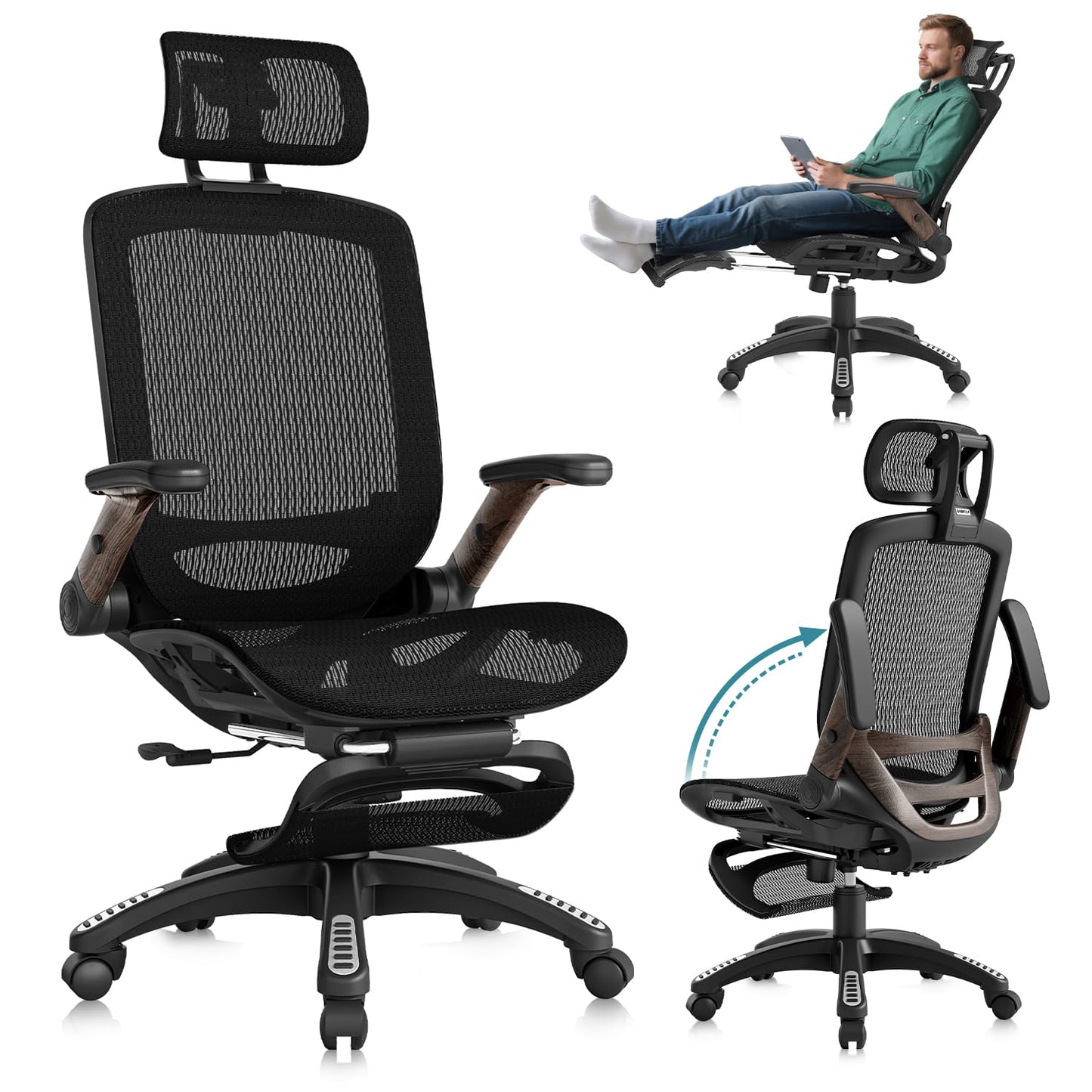 GABRYLLY Ergonomic Office Chair with Footrest, High Back Mesh Computer Chair with Flip-Up Arm, 3D Headrest, 135° Reclining, Rolling Gaming Task Chair with Wide Seat Lumbar Support,300LBS