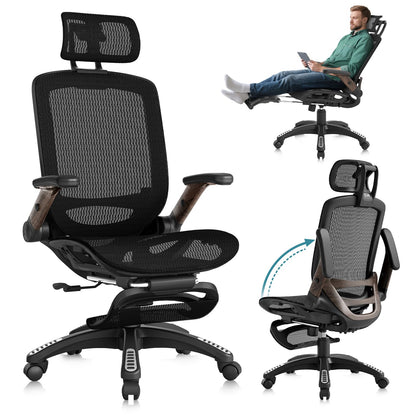 GABRYLLY Ergonomic Office Chair with Footrest, High Back Mesh Computer Chair with Flip-Up Arm, 3D Headrest, 135° Reclining, Rolling Gaming Task Chair with Wide Seat Lumbar Support,300LBS