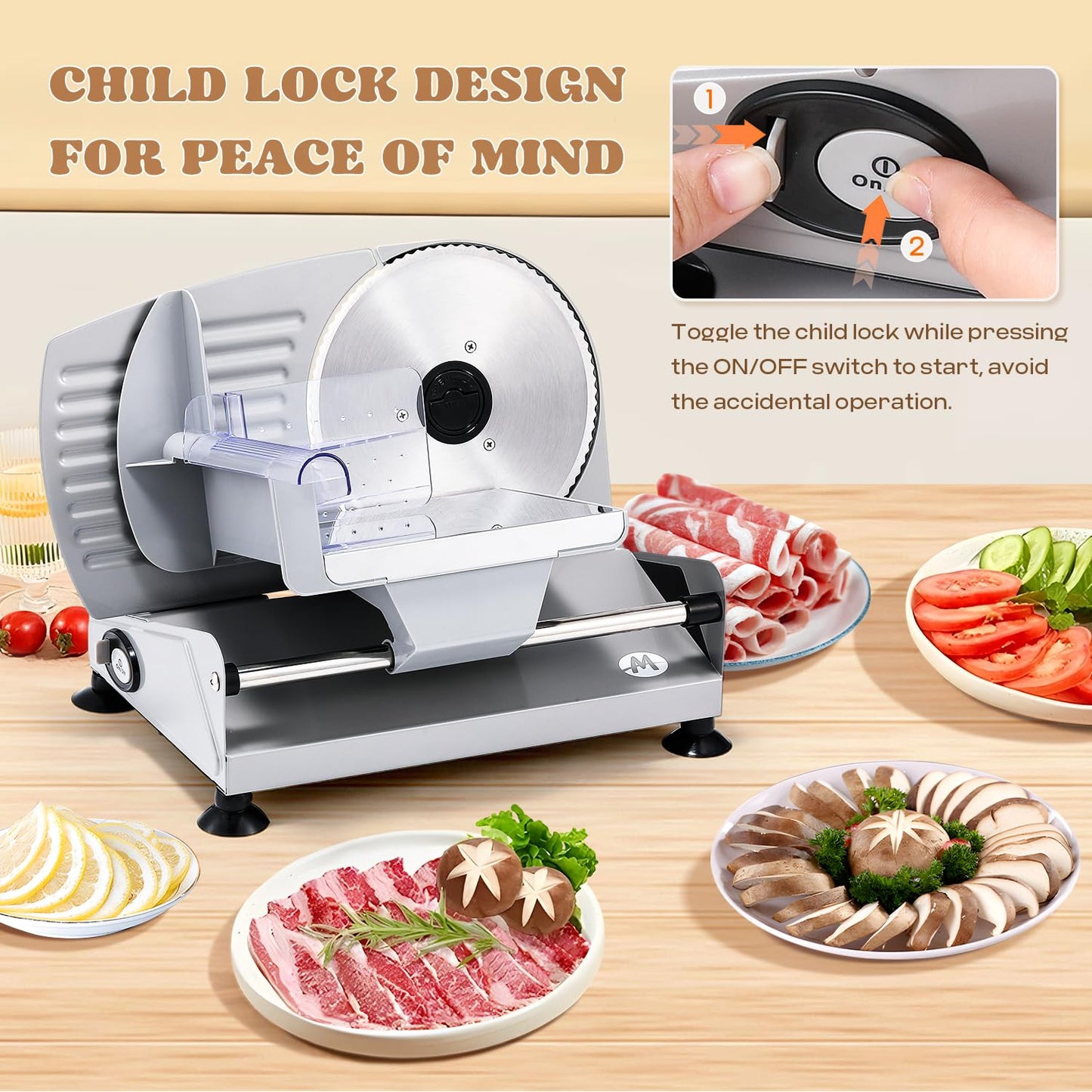 Moongiantgo Electric Meat Slicer 200W With 2 Removable 7.5’’ Stainless Steel Blades, 0-15MM Adjustable Thickness for Home Use, Child Lock Protection, Meat Cheese Bread Deli Food Slicer Machine, 110V