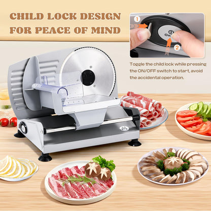 Moongiantgo Electric Meat Slicer 200W With 2 Removable 7.5’’ Stainless Steel Blades, 0-15MM Adjustable Thickness for Home Use, Child Lock Protection, Meat Cheese Bread Deli Food Slicer Machine, 110V