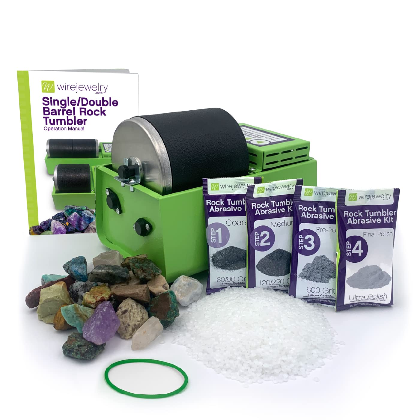 WireJewelry Single Barrel Rock Tumbler Kit - Includes 1.5 Pounds of Gemstones of The World Stone Mix and 1 Batch of 4 Step Abrasive Grit and Polish with Plastic Pellets