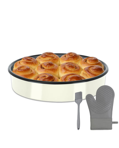 MCCSI 10 inch Enamel Cake Pan Round Roasting Pan Roaster Tray Non-Stick High Temperature Resistance Cookware for Baking Bread Pie, Easy-To-Clean Oven Dishwasher Safe, Mother Day Gift Bundt Pan