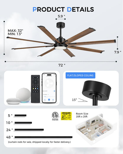 JAZAVA 72 Inch Ceiling Fan with Light, Industrial Design with 8 Aluminum Blades, Smart Control Compatible with Alexa, Indoor Outdoor Garage Fan for Living Room Patio, Model ZCCF04WD-72